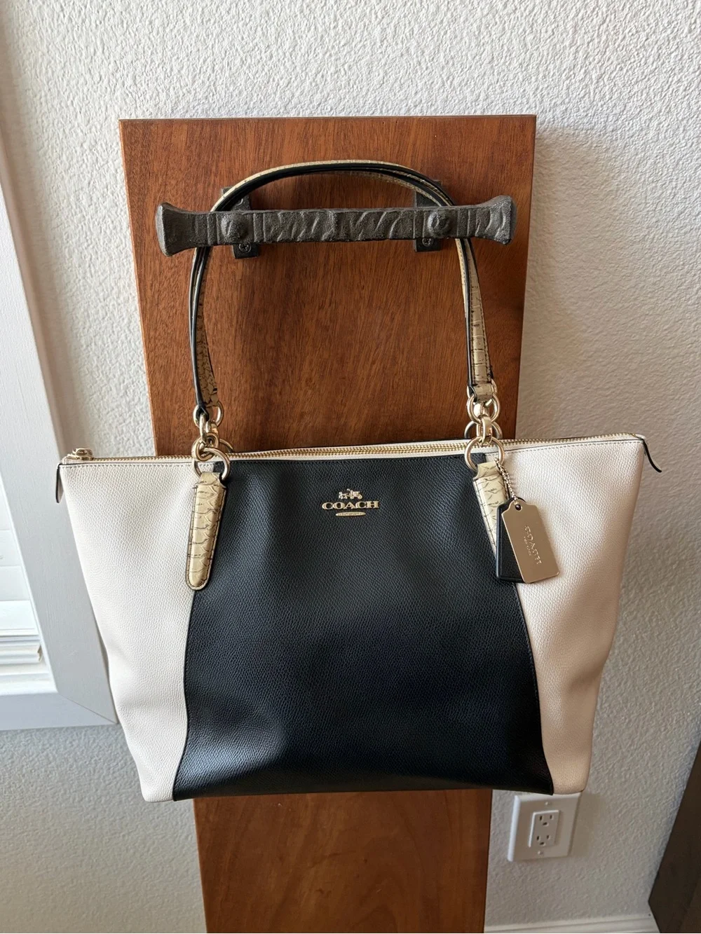 Coach Two-Tone Black & Cream Tote with Snake-Print Wallet